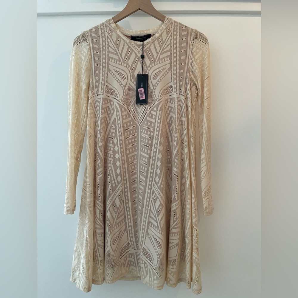 BCBGMAXAZRIA OFF WHITE NATYLY LONG-SLEEVE LACE DRESS ZDF60J23/B846A SIZE XS